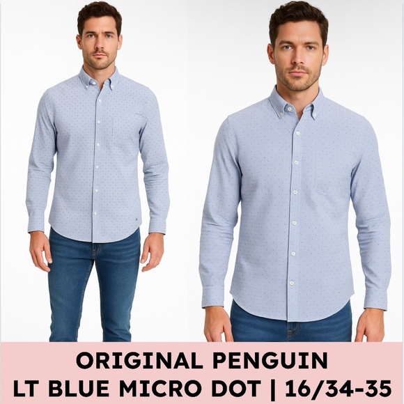 Original Penguin Heritage Slim Fit Button Down Light Blue Micro Dot 16.5/34-35 - Picture 1 of 14